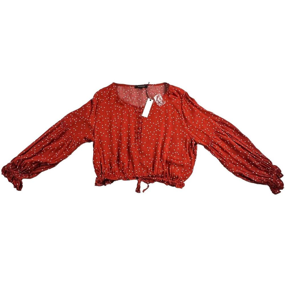 Olivaceous Women’s Rust Polka Dot Cropped Ruffle Button Long Sleeve Size Large